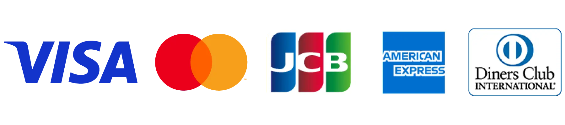 VISA、マスターカード、JCB、アメリカンエキスプレス、ダイナースクラブ